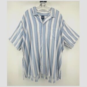 Gap Mens XXL Blue White Striped Linen Blend Short Sleeve Nautical Beach Preppy